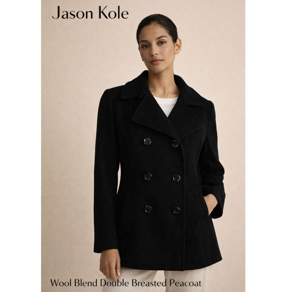 Jason Kole Women's Size M Black Wool Blend Peacoat Jacket 6 Button Long Sleeve